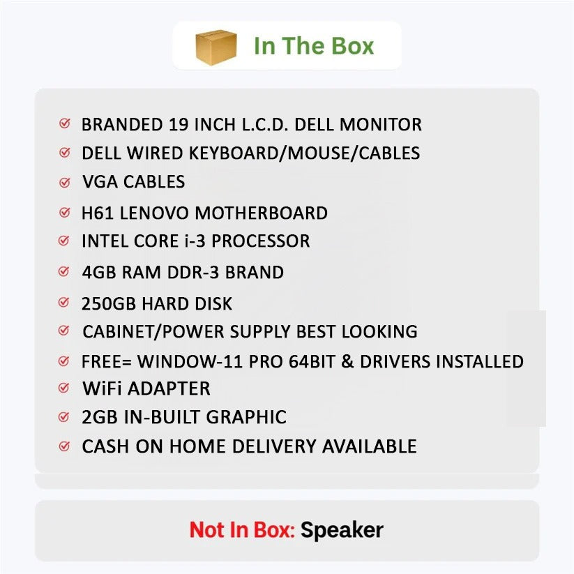 Dell, Lenovo - i-3 COMPUTER {4GB RAM / 250GB HARD DISK} Computer Complete Setup (CPU + Monitor + Keyboard + Mouse )